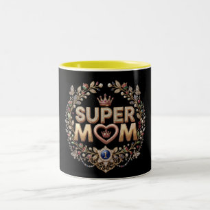 Caneca De Café Em Dois Tons Super Mãe Coroa Floral Elegante Medalha Dourada