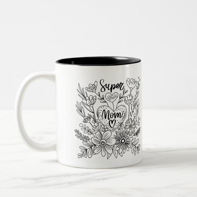 Caneca De Café Em Dois Tons Super Mãe Floral Mug (Esquerda)