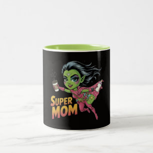 Caneca De Café Em Dois Tons Super Mãe Heroína Alien Chibi Vetor Cartoon