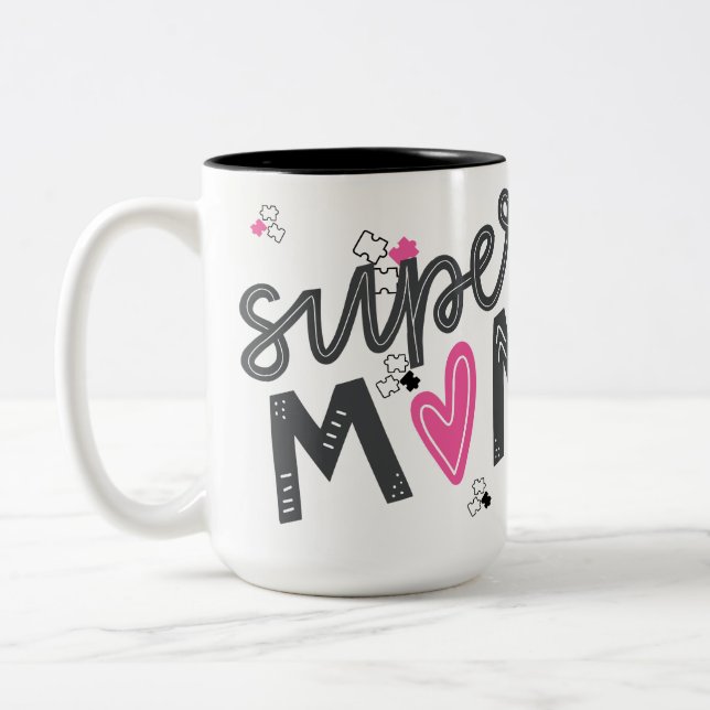 Caneca De Café Em Dois Tons Super mom Autism appreciation Coffee mug (Esquerda)