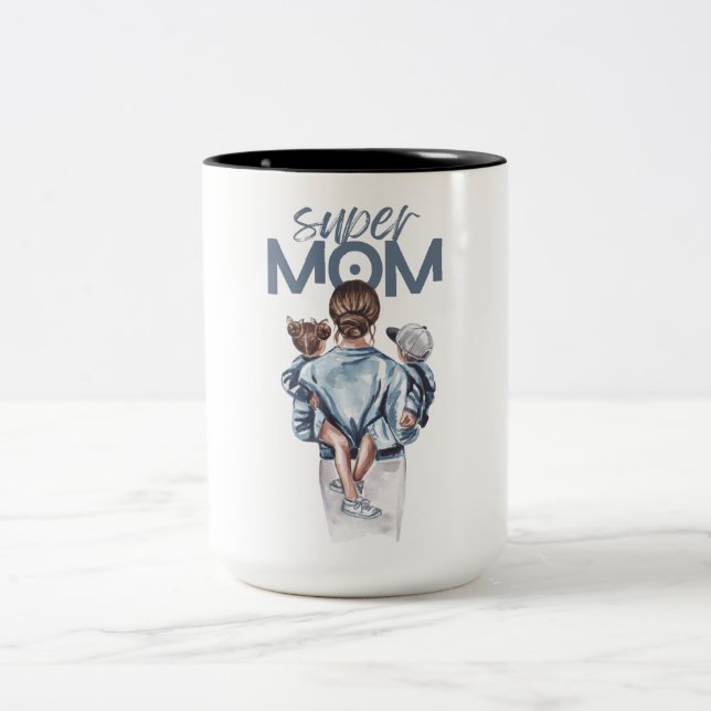 Caneca De Café Em Dois Tons Super MOM Mug para presentes pai (Centro)