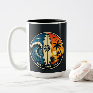Caneca De Café Em Dois Tons Surf Sol Mar Crachá Vintage – Onda do Pôr do Sol d