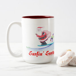 Caneca De Café Em Dois Tons Surfin Santa Claus and a bailin' elf!