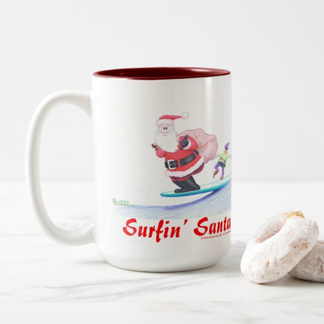Caneca De Café Em Dois Tons Surfin Santa Claus and a bailin' elf! (Com Donut)
