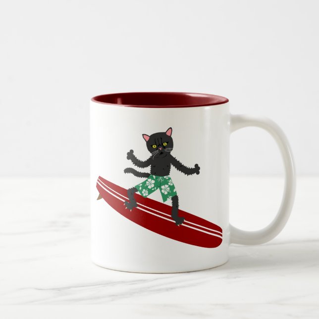 Caneca De Café Em Dois Tons Surfista de Longboard do gato preto (Direita)