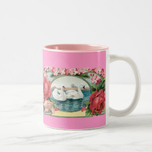 Caneca De Café Em Dois Tons Swans e Rosas Vintage Art Coffee Mug