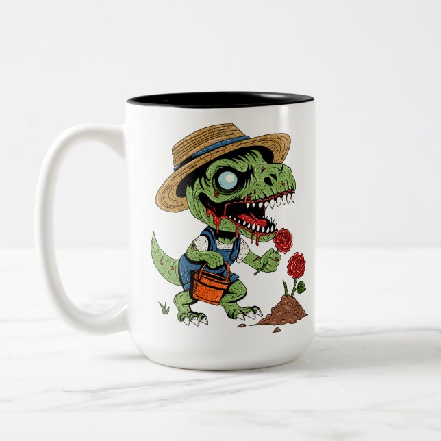Caneca De Café Em Dois Tons T-Rex Gardener Zombie (Esquerda)