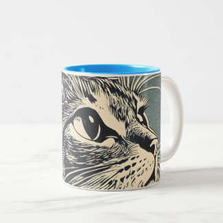 Caneca De Café Em Dois Tons Tabby Cat Vintage Lino Impressão