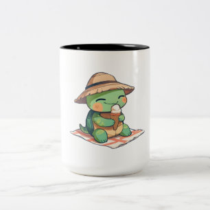 Caneca De Café Em Dois Tons Tartaruga Kawaii Chibi de Chapéu de Palha Comendo 