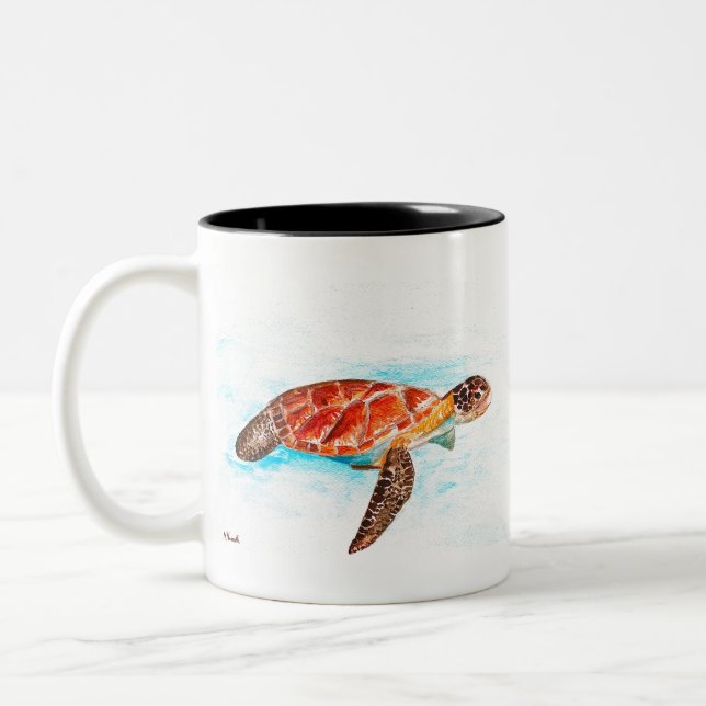 Caneca De Café Em Dois Tons Tartaruga marinha animal aquarela oceano tropical (Esquerda)