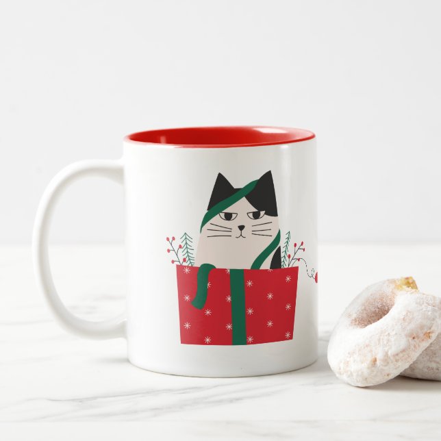 Caneca De Café Em Dois Tons Taza Gato Merry Christmas (Com Donut)