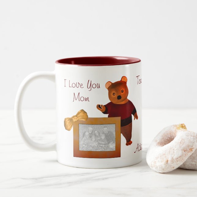 Caneca De Café Em Dois Tons Te Amo Mãe Urso Bonito Foto Personalizada (Com Donut)