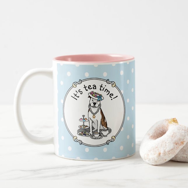 Caneca De Café Em Dois Tons Tea Party Pit Bull (lt brindle white 3) (Com Donut)