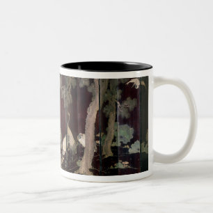 Caneca De Café Em Dois Tons Tela de Coromandel que descreve guindastes