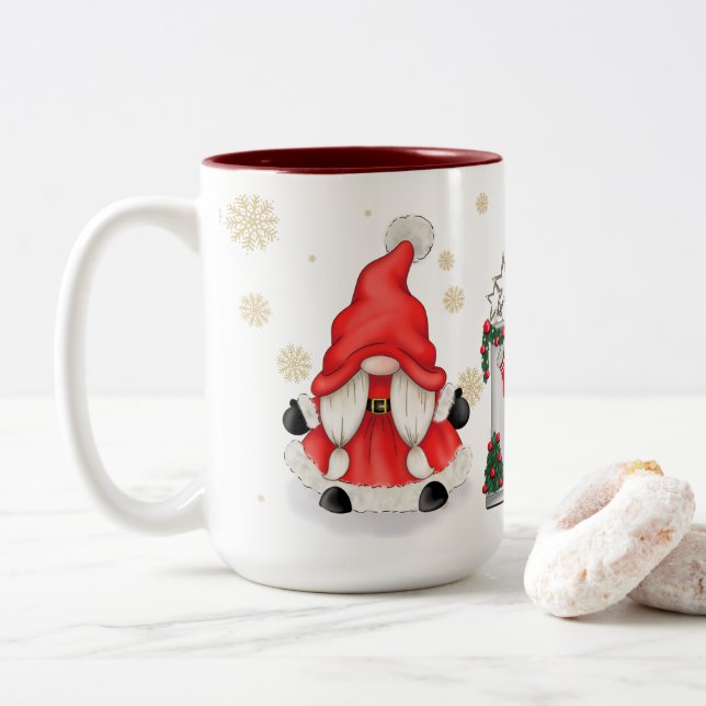 Caneca De Café Em Dois Tons Tema Natal Gnomo (Com Donut)