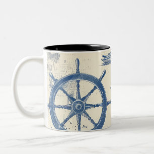 Caneca De Café Em Dois Tons Tema náutico, Mug Cerâmico com Âncora, Helm e
