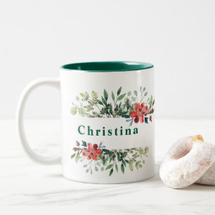 Caneca De Café Em Dois Tons Tendy Winter Green Folhas com Flores Vermelhas
