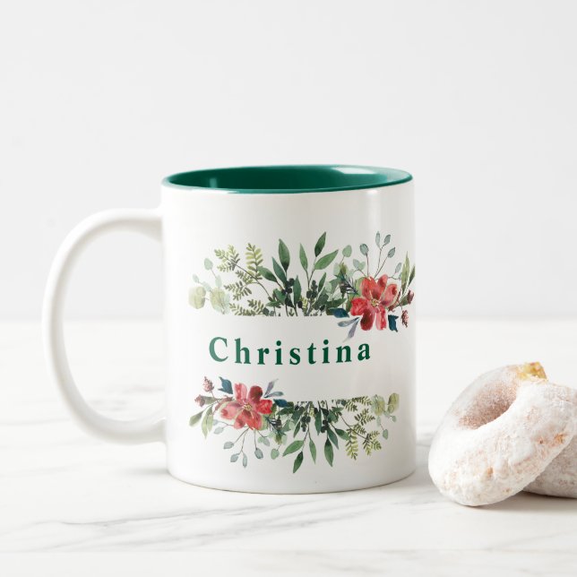 Caneca De Café Em Dois Tons Tendy Winter Green Folhas com Flores Vermelhas (Com Donut)