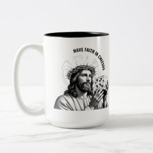 Caneca De Café Em Dois Tons Tenha fé no Cheesus - Meme engraçado de Jesus