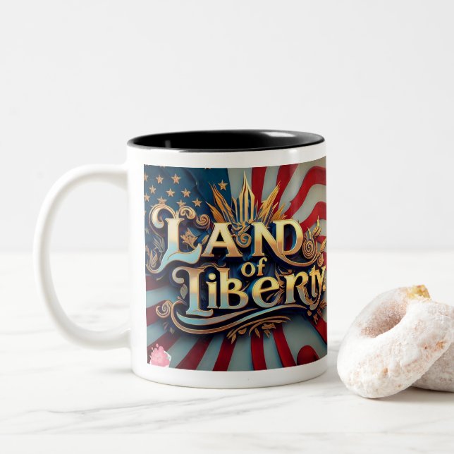 Caneca De Café Em Dois Tons "Terra dos Gratuitos" (Com Donut)