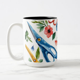 Caneca De Café Em Dois Tons Tesoura Aquarela & Flores Silvestres Padrão Sem Co