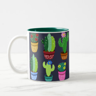 Caneca De Café Em Dois Tons Teste padrão do cacto dos desenhos animados