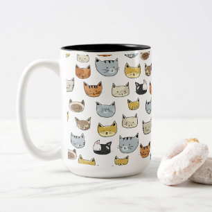 Caneca De Café Em Dois Tons Teste padrão do Doodle da cara do gato