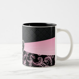 Caneca De Café Em Dois Tons Teste padrão floral preto e cor-de-rosa elegante