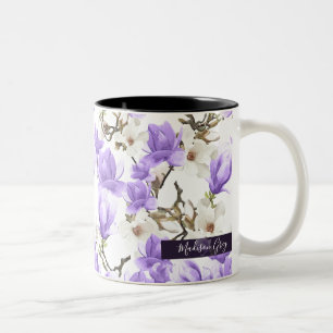 Caneca De Café Em Dois Tons Teste padrão roxo & branco da aguarela da flor da