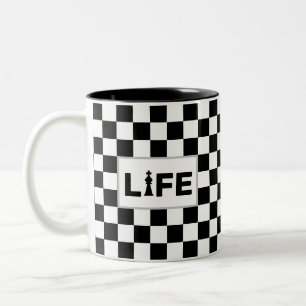 Caneca De Café Em Dois Tons Texto da Vida em Xadrez Preto e Branco