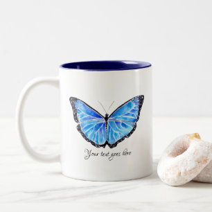 Caneca De Café Em Dois Tons Texto personalizado da borboleta aguarela azul