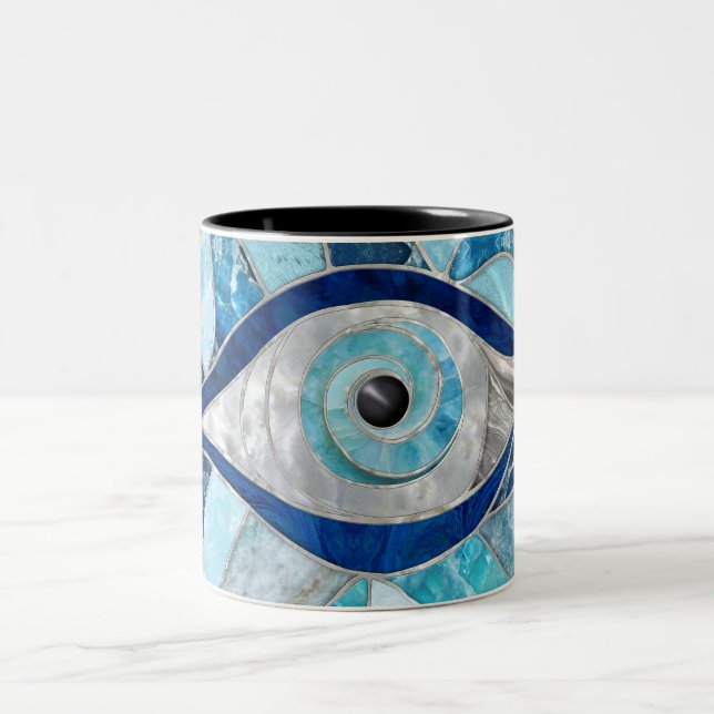 Caneca De Café Em Dois Tons Texturas Minerais de Mosaico com Amuletas de Olho  (Centro)