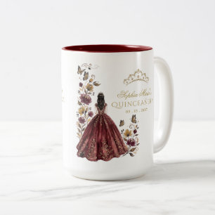 Caneca De Café Em Dois Tons Tiara Floral Borboleta Borgonha Dourada Quinceañer