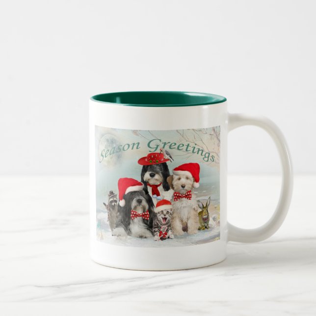 Caneca De Café Em Dois Tons Tibetano - Terrier Christmas com amigos (Direita)
