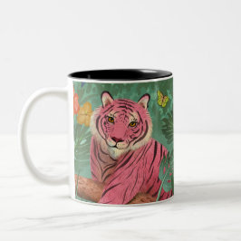 Caneca De Café Em Dois Tons Tigre rosa e selva tropical de papagaio
