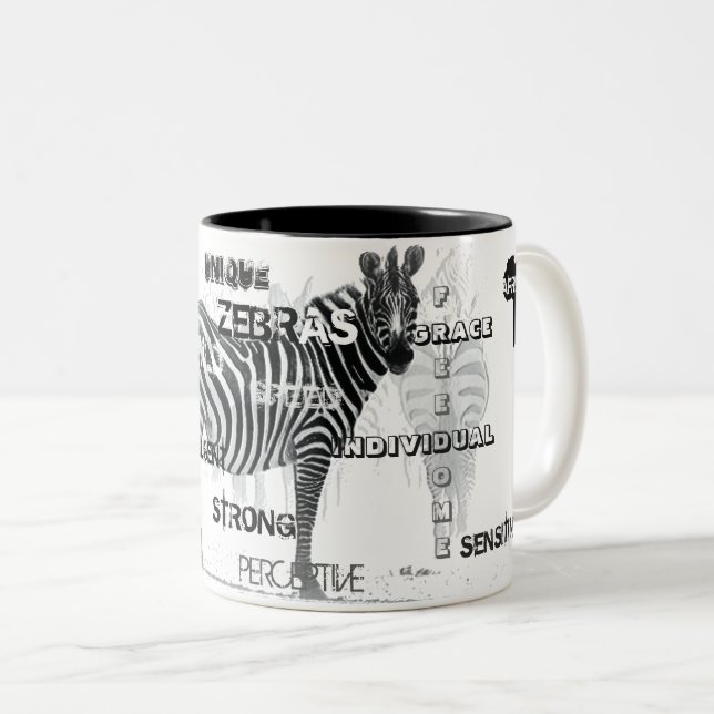 Caneca De Café Em Dois Tons Tipografia da Zebras Única a Preto e Branco (Frente Esquerda)