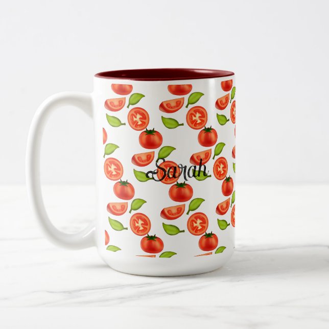 Caneca De Café Em Dois Tons Tomates E Folhas De Orégãos (Esquerda)