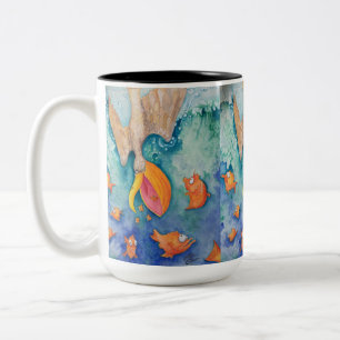 Caneca De Café Em Dois Tons "Tome o mergulho!" Arte do pelicano & dos peixes