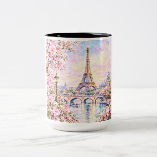 Caneca De Café Em Dois Tons Torre Eiffel em aquarela Paris Floral Rosa Francês
