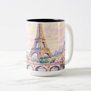 Caneca De Café Em Dois Tons Torre Eiffel em Aquarela Parisina Floral Rosa Fran