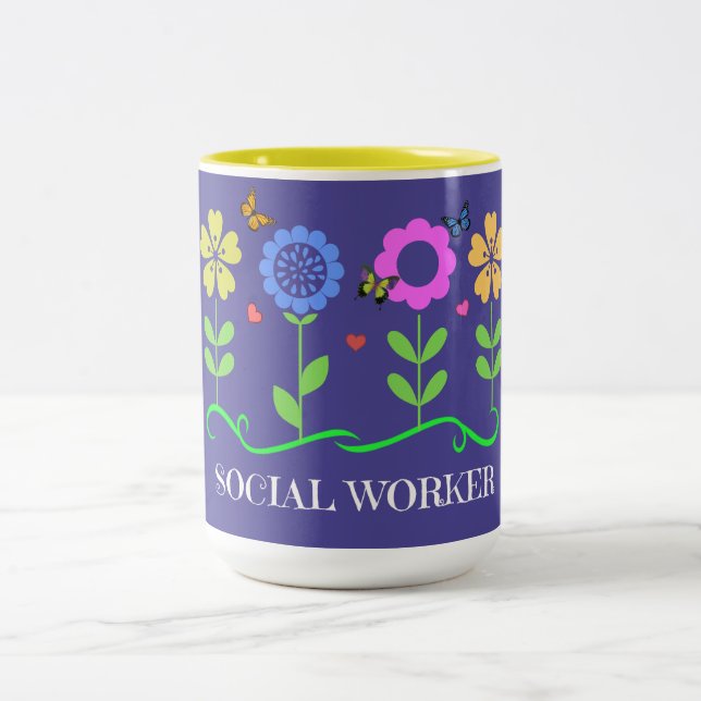 Caneca De Café Em Dois Tons "Trabalhador Social", Flores Gráficas de primavera (Centro)