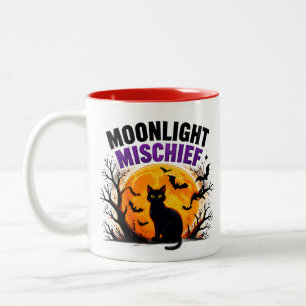 Caneca De Café Em Dois Tons Traquinice ao Luar Gato Preto Outono Halloween