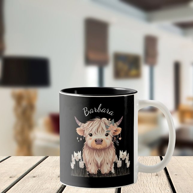 Caneca De Café Em Dois Tons Trendy Cute Boho Highland Cow (Criador carregado)