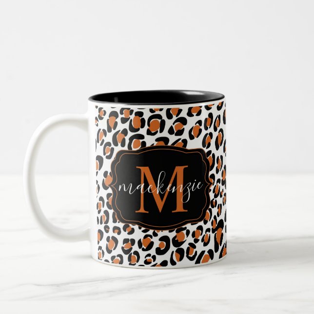 Caneca De Café Em Dois Tons Trendy Leopard Animal Print Patterno Monograma Nom (Esquerda)