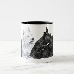 Caneca De Café Em Dois Tons Três Scotties Curiosos e um Westie