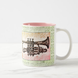 Caneca De Café Em Dois Tons Trompetes E Notas De Música