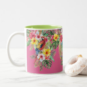 Caneca De Café Em Dois Tons Tropical Watercolor Floral Parrots Monograma