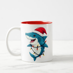 Caneca De Café Em Dois Tons Tubarão engraçado vestindo chapéu de Natal de Sant