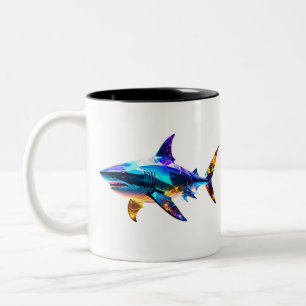 Caneca De Café Em Dois Tons "Tubarão Geométrico Colorido – Arte de Polígono Vi