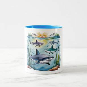 Caneca De Café Em Dois Tons Tubarão Sob O Aniversário Do Sea Boy
